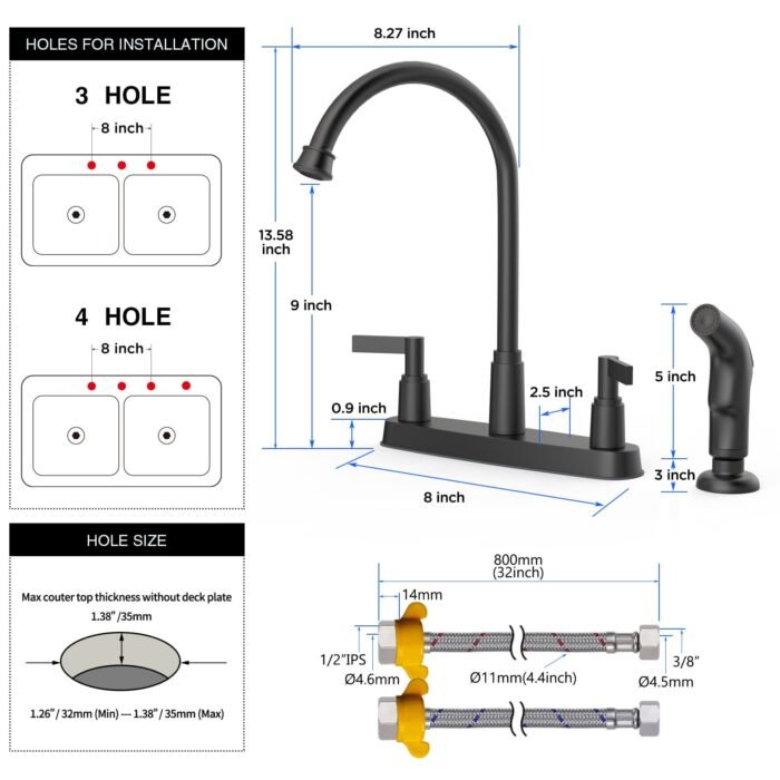 Matte black 8 inches kitchen sink faucets (with spray gun) GOWIN - Image 5