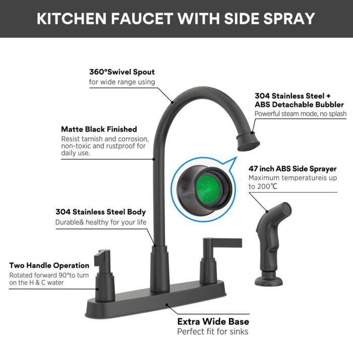 Matte black 8 inches kitchen sink faucets (with spray gun) GOWIN - Image 4