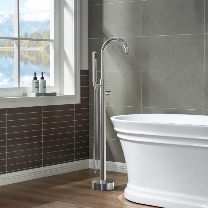 Floor Mounted Tub Faucet Chrome Bathroom Bathtub with Hand Shower - Image 4