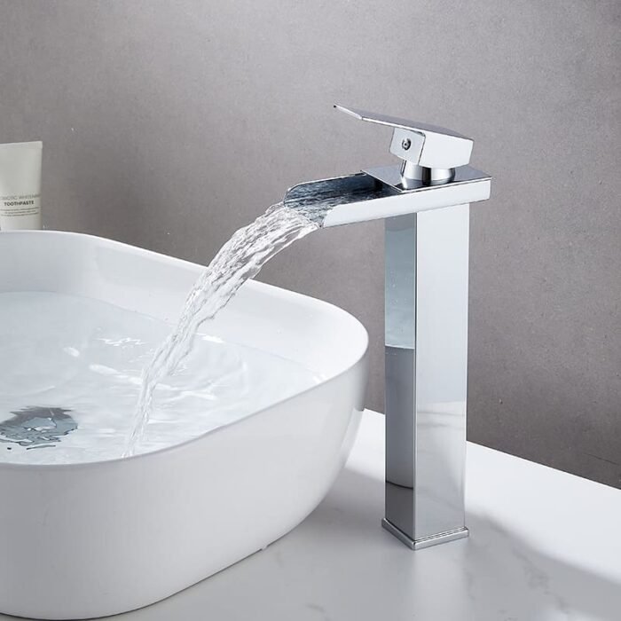 Single Handle Chrome-Plated Basin Waterfall Faucet High - Image 2